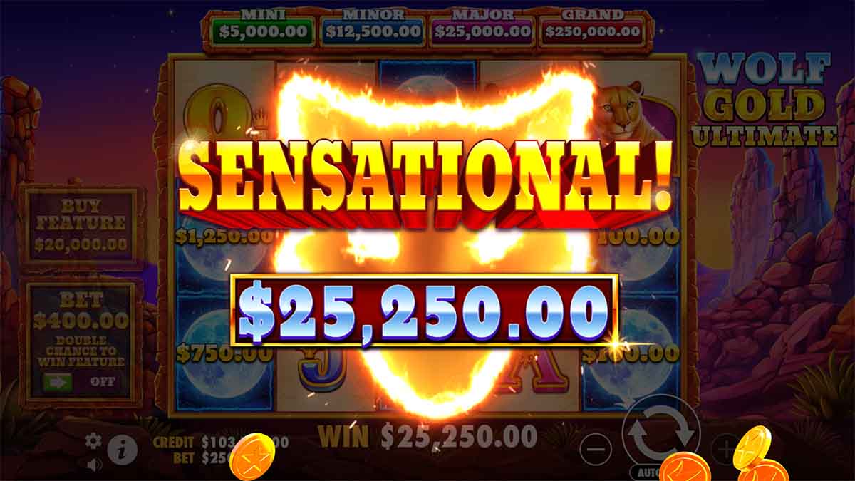 Wolf Gold Ultimate slot game by Pragmatic Play, showing Total Win of 25,250.00