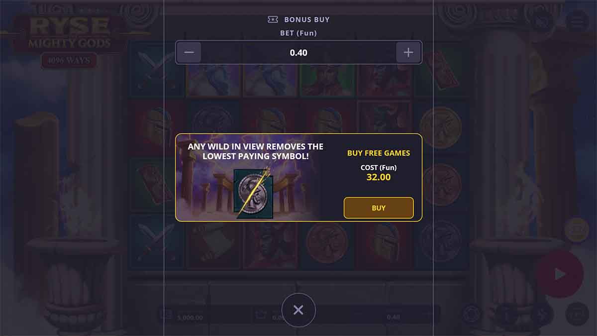 Ryse of the Mighty Gods slot game by OneTouch Gaming featuring Buy Free Games feature