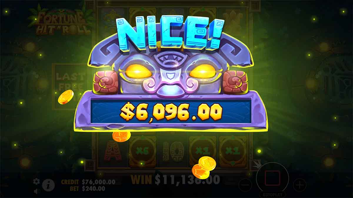 Fortune Hit 'N' Roll slot game by Pragmatic Play, showing Nice Win of $6,096