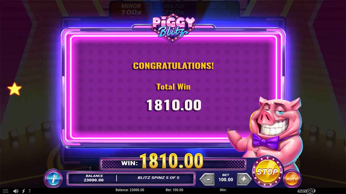 Piggy Blitz slot game by Play'n GO, showing Total Win of 1,810 from 5 Blitz Spinz