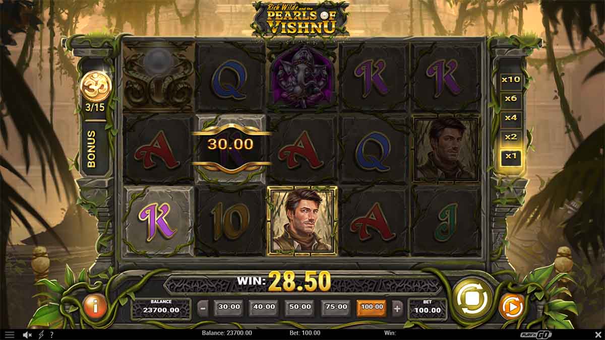 Rich Wilde and the Pearls of Vishnu slot game by Play'n GO, showing Win of 28.50