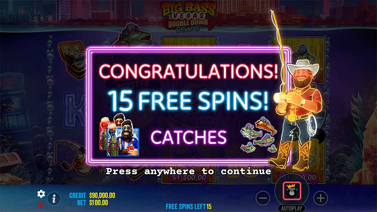 Big Bass Vegas Double Down Deluxe slot game by Pragmatic Play, 15 free spins