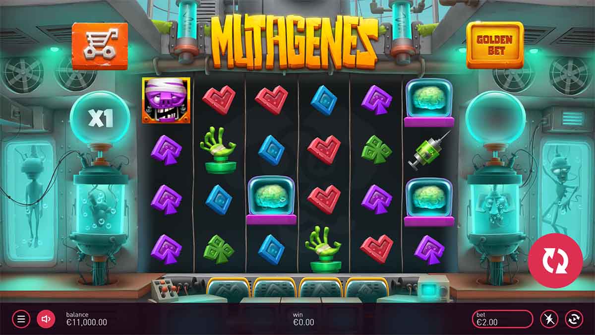 Mutagenes slot game by Peter and Sons, base game view