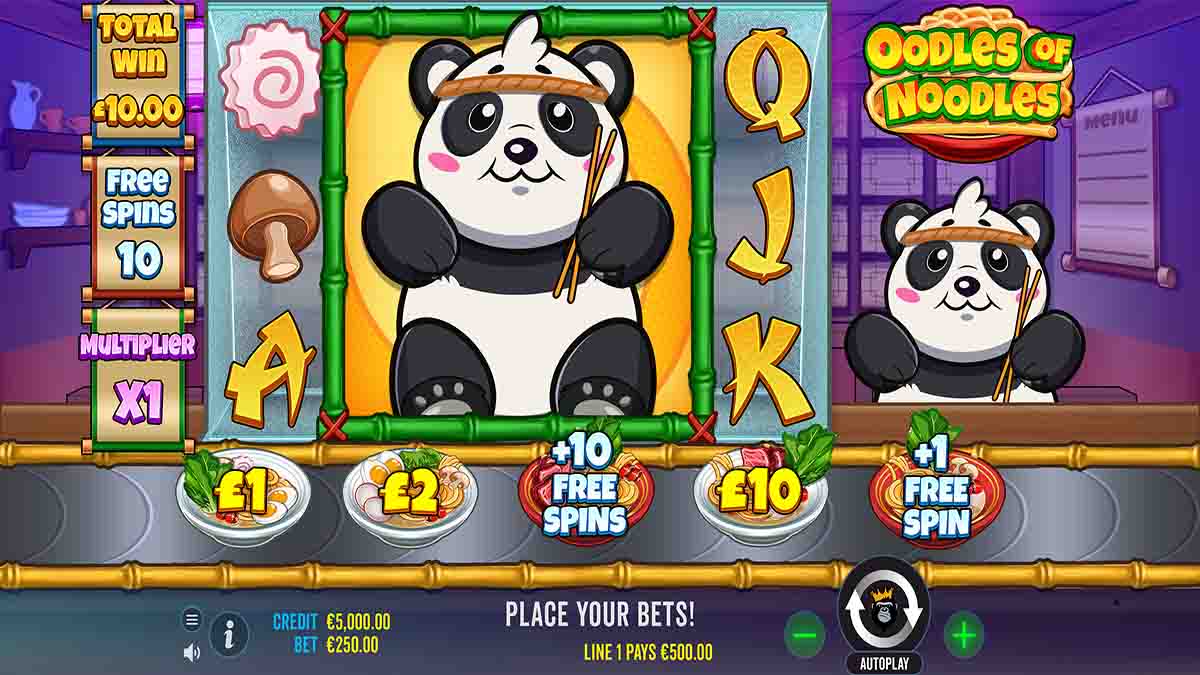 Oodles of Noodles slot game by Pragmatic Play, showing wild win of 500