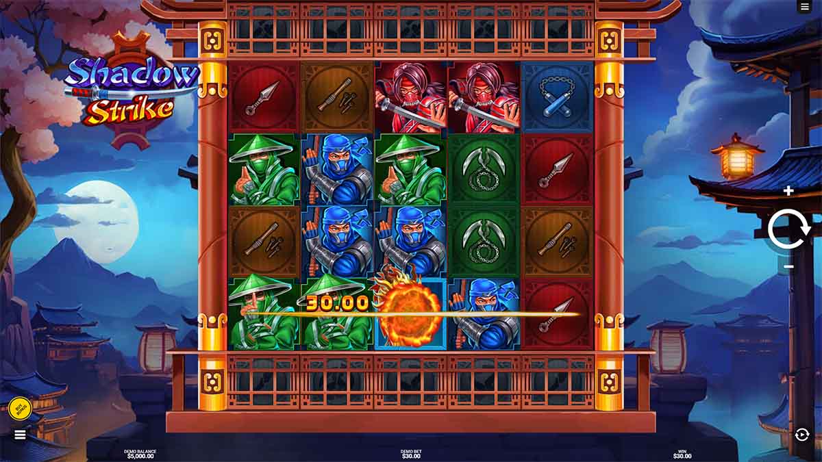 Shadow Strike slot game by Backseat Gaming, showing Win of 30.00