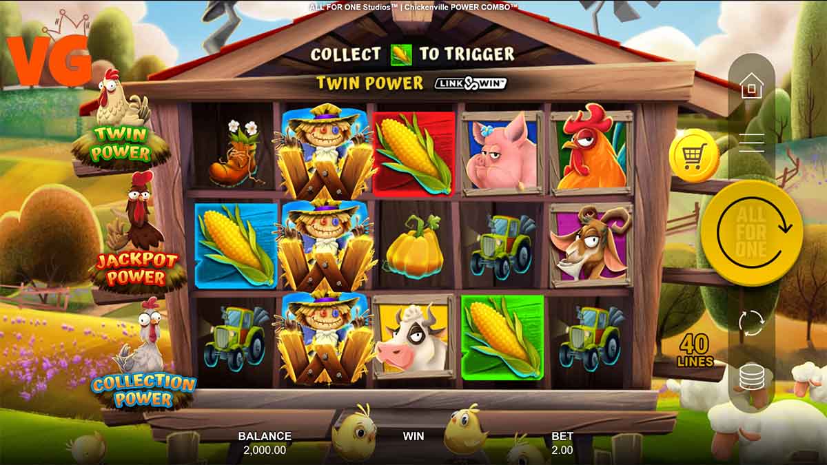 Chickenville Power Combo slot game by All For One Studios, base game view