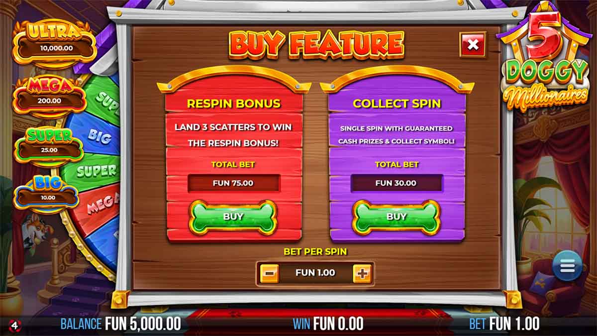 5 Doggy Millionaires Dream Drop slot game by 4ThePlayer, featuring Buy Feature