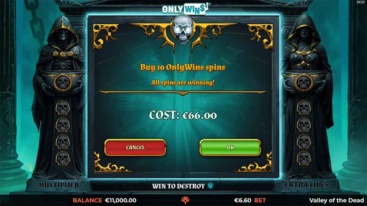 Valley of the Dead slot game by Yggdrasil Gaming, Showing buy 10 OnlyWins spins