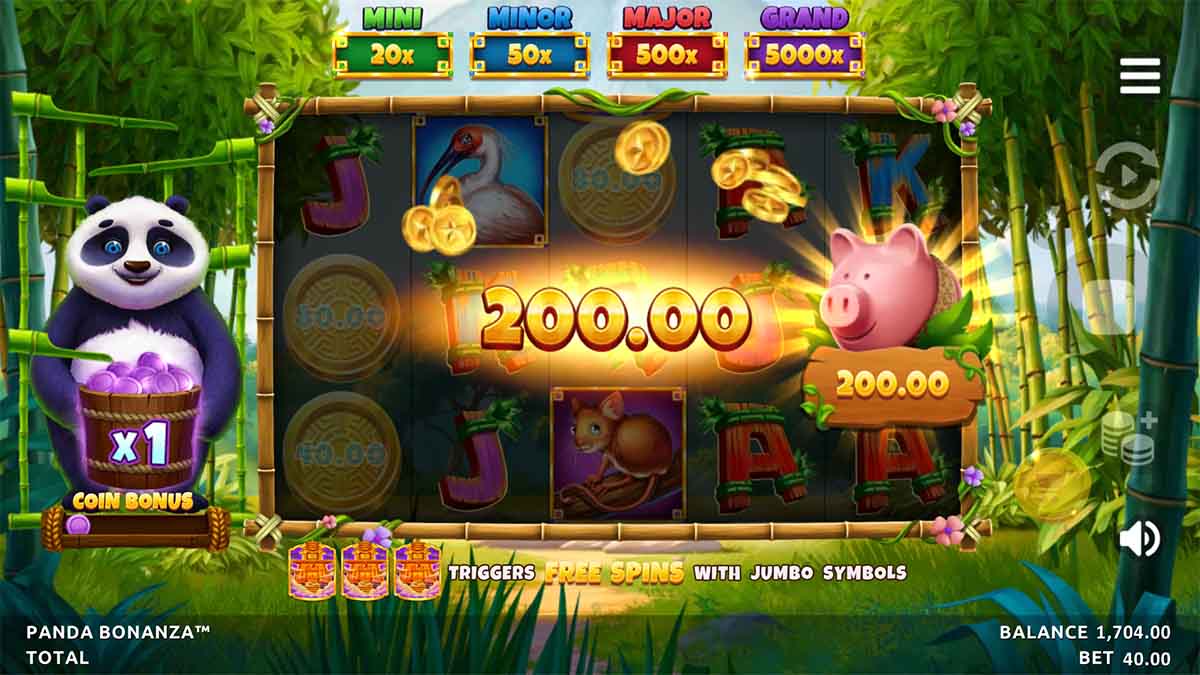 Panda Bonanza slot game by Northern Lights Gaming, showing Win of 200.00