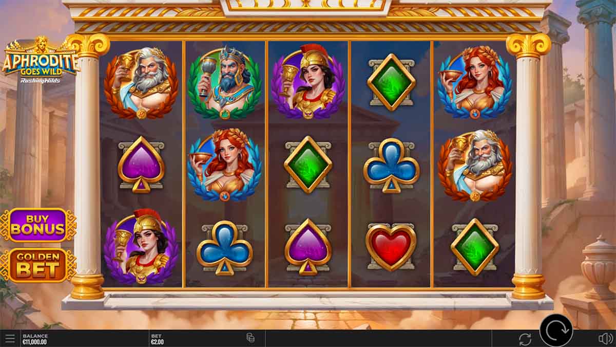 Aphrodite Goes Wild RushingWilds slot game by Yggdrasil Gaming, Base Game view