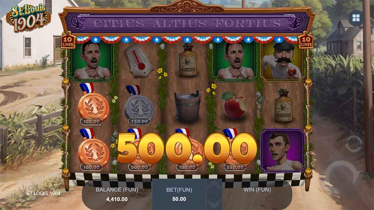 St Louis 1904 slot game by Blue Guru Games, showing Win of 500.00