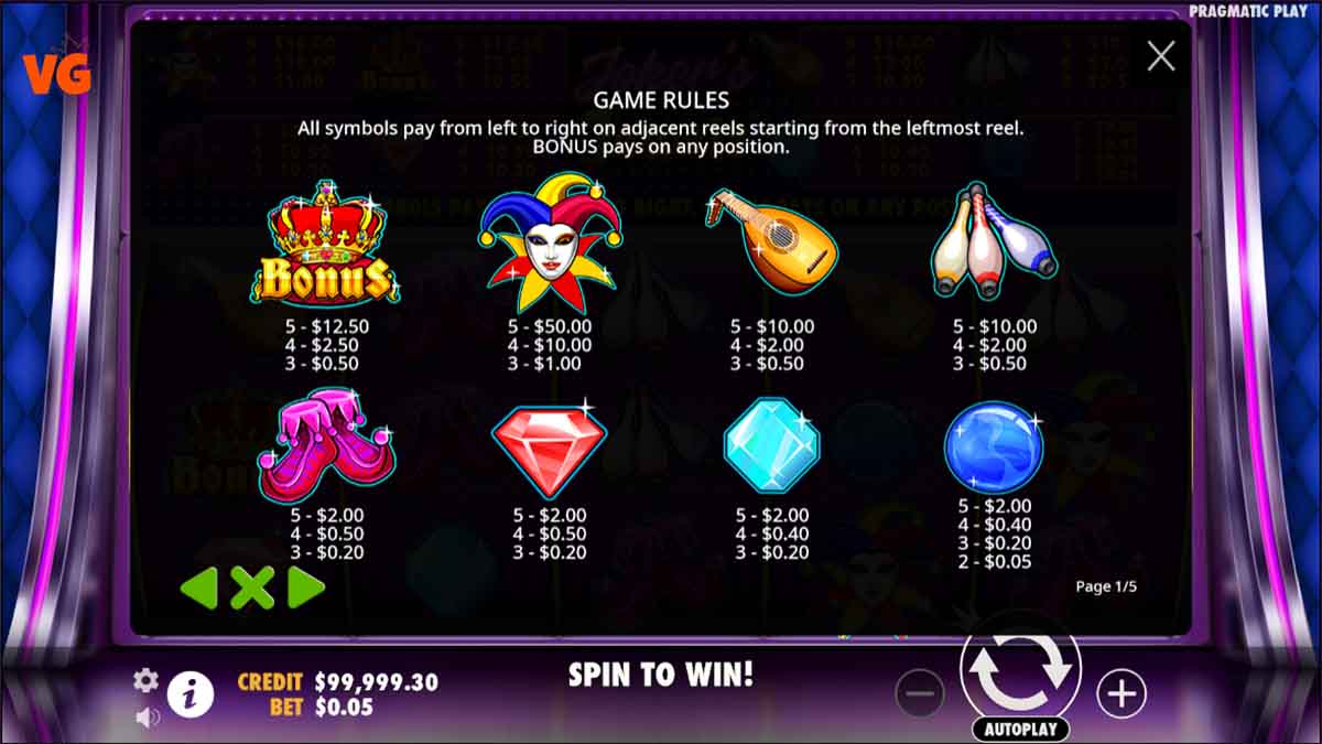 Jokers Jewels slot game by Pragmatic Play, game rules 1