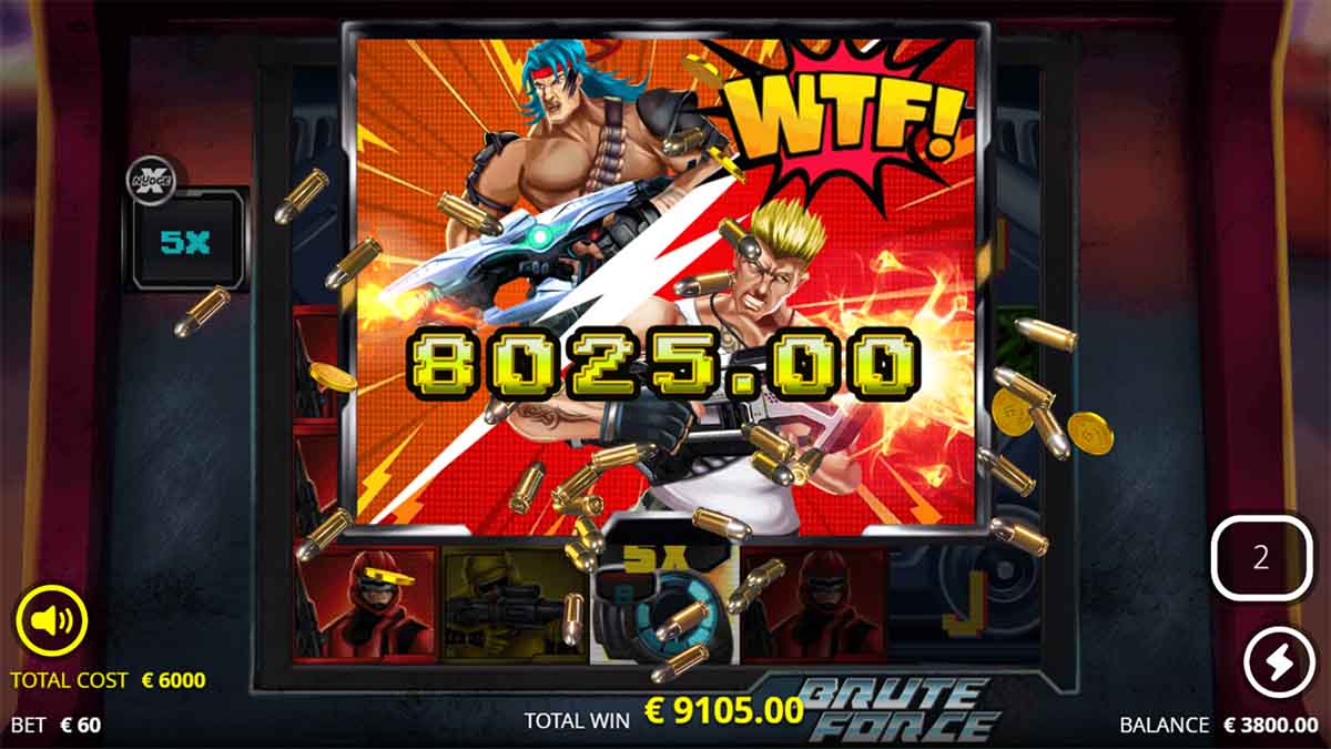 Brute Force slot game by Nolimit City, showing Big Win of 8,025