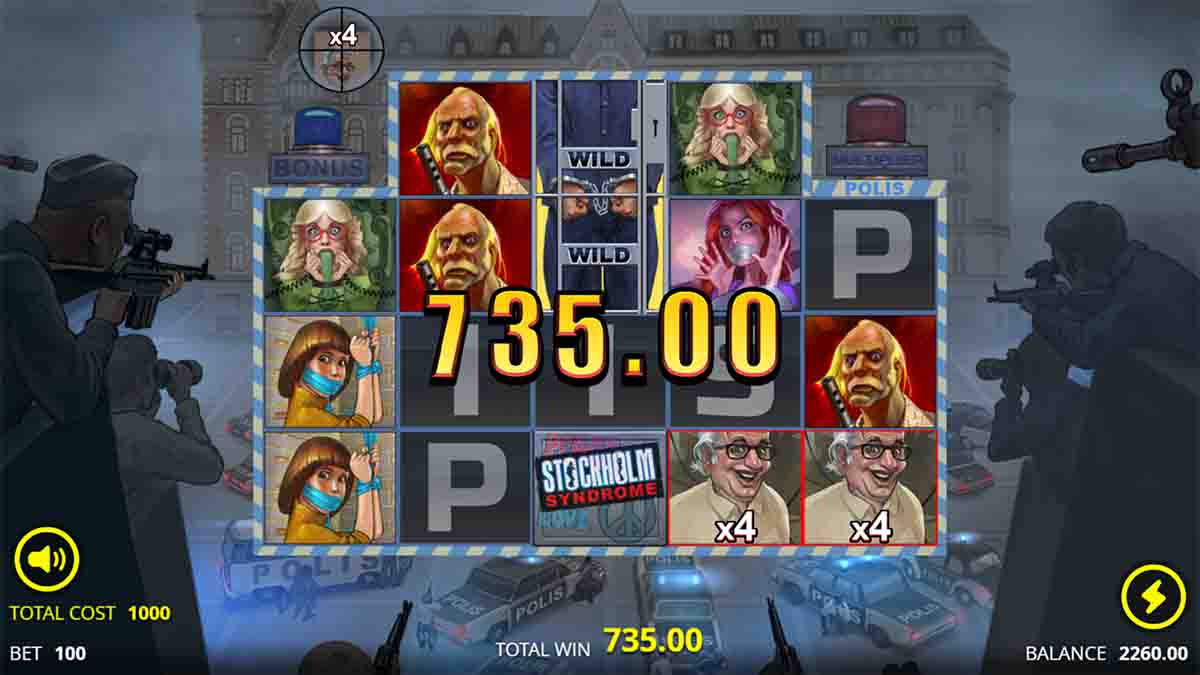 Stockholm Syndrome slot game by Nolimit City, Total Win 735