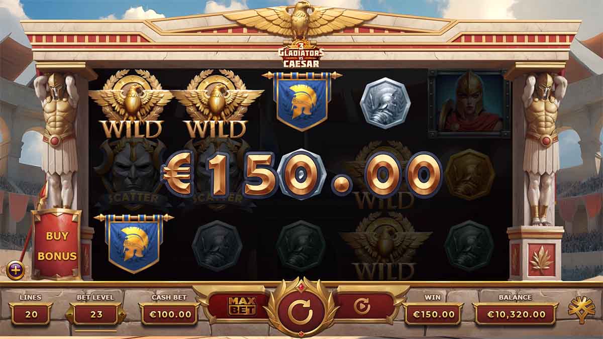 3 Gladiators vs Caesar slot game by Yggdrasil Gaming, showing Win of 150.00