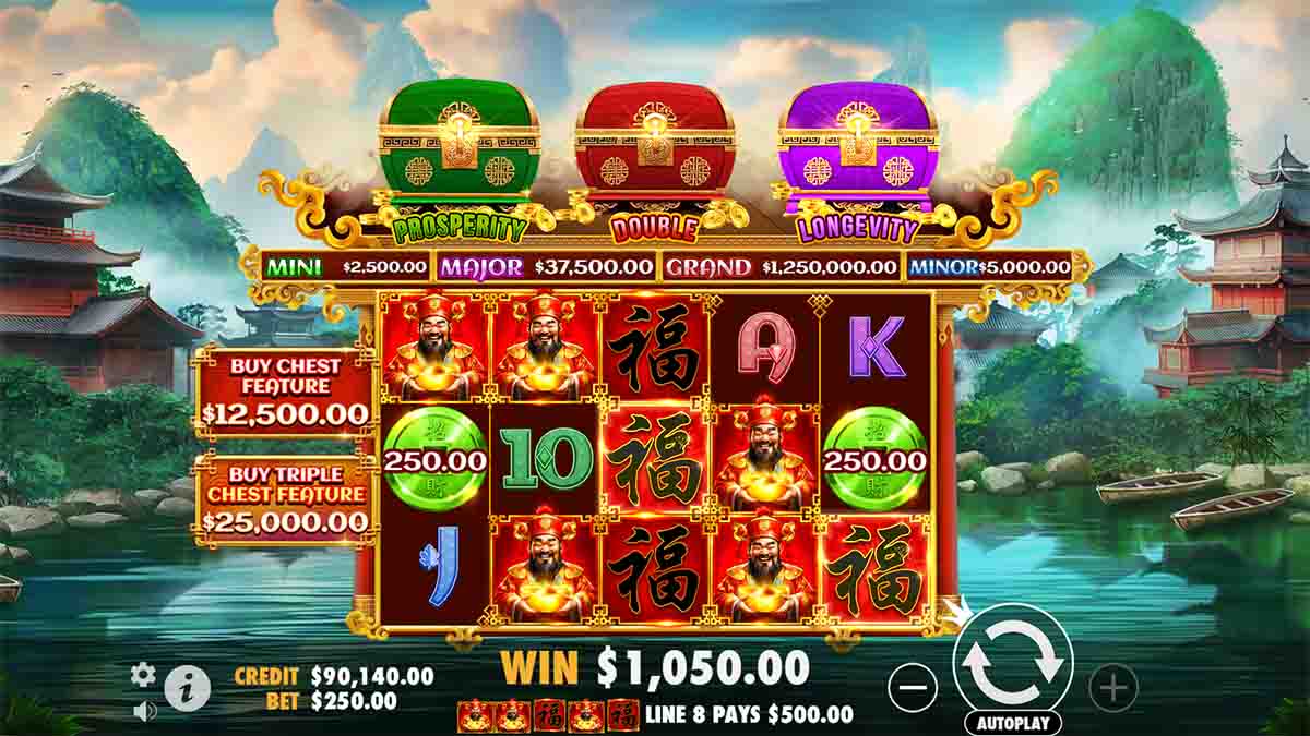 Chests of Cai Shen slot game by Pragmatic Play showing Win of $1,050