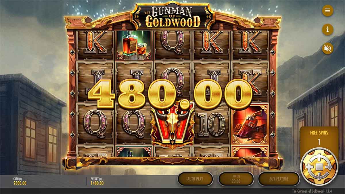 The Gunman of Goldwood slot game by Thunderkick showing Win of €480