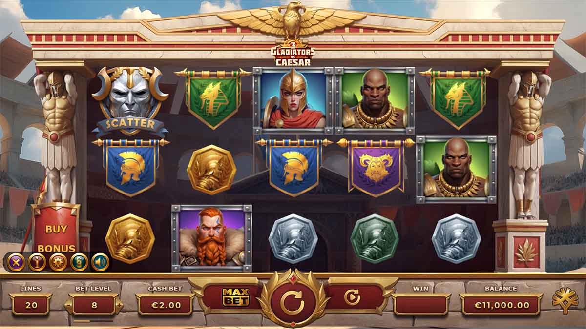 3 Gladiators vs Caesar slot game by Yggdrasil Gaming, Base Game view