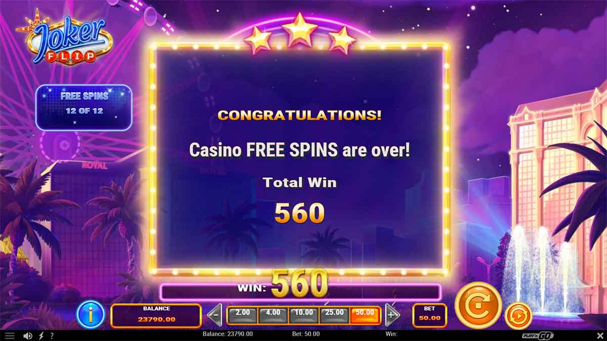 Joker Flip slot game by Play'n GO, showing Win of 560 from Free Spins