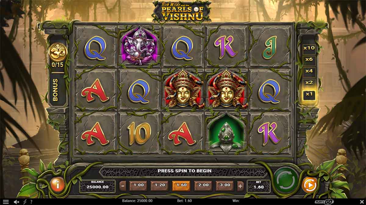 Rich Wilde and the Pearls of Vishnu slot game by Play'n GO, Base Game view