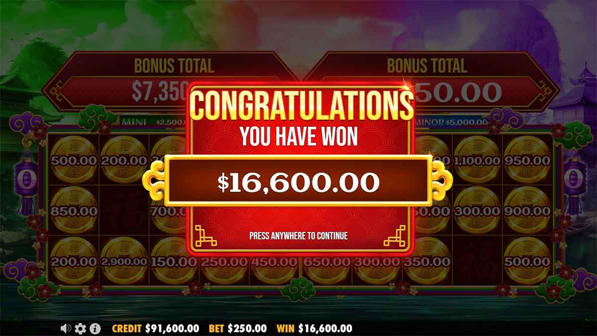 Chests of Cai Shen slot game by Pragmatic Play showing Total Win of $16,600