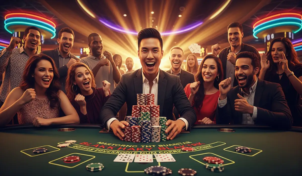 A blackjack table with people celebrating a big win