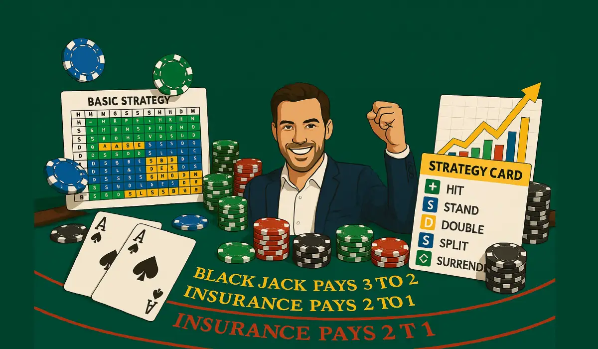 Blackjack strategy guide with cards, chips, and winning tips displayed on casino table