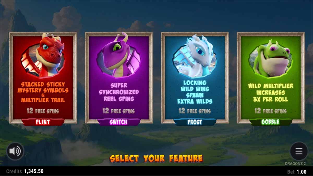 Dragonz 2 slot game by Hammertime Games, featuring choose Features