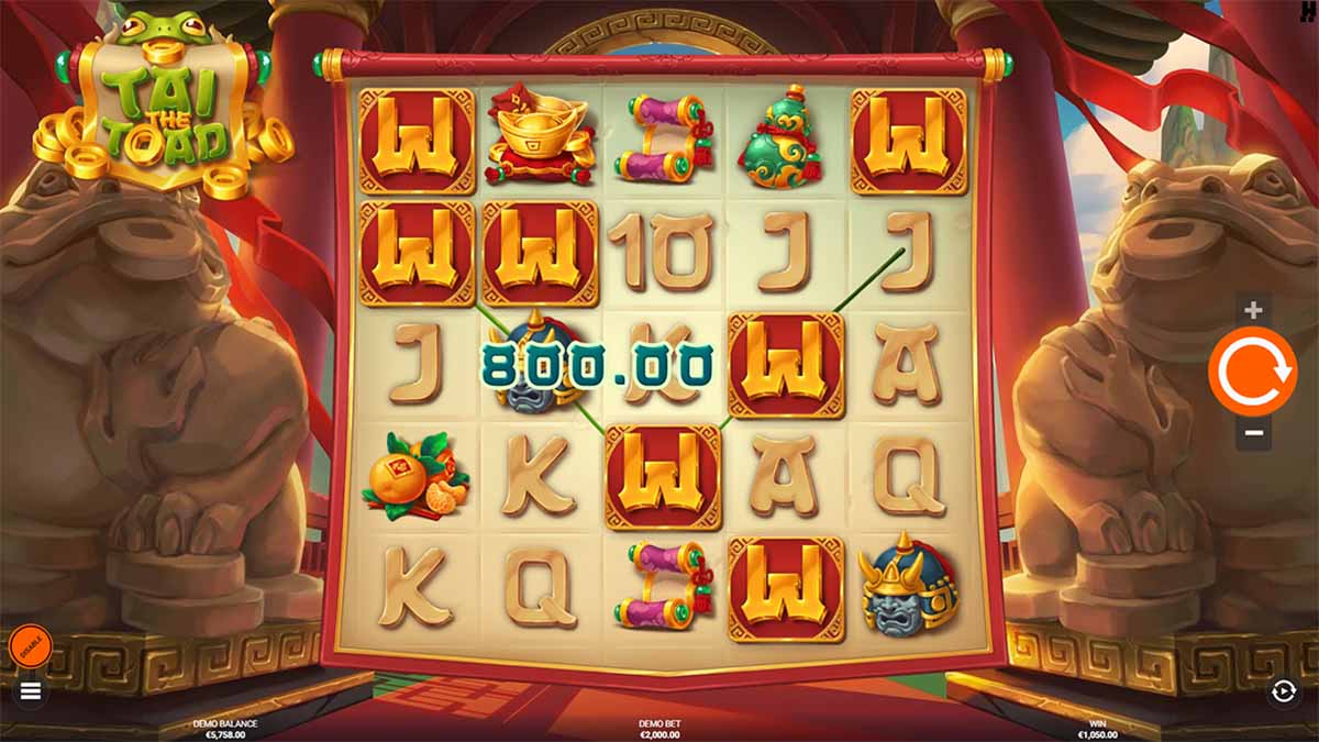 Tai The Toad slot game by Hacksaw Gaming, showin Win of 800.00