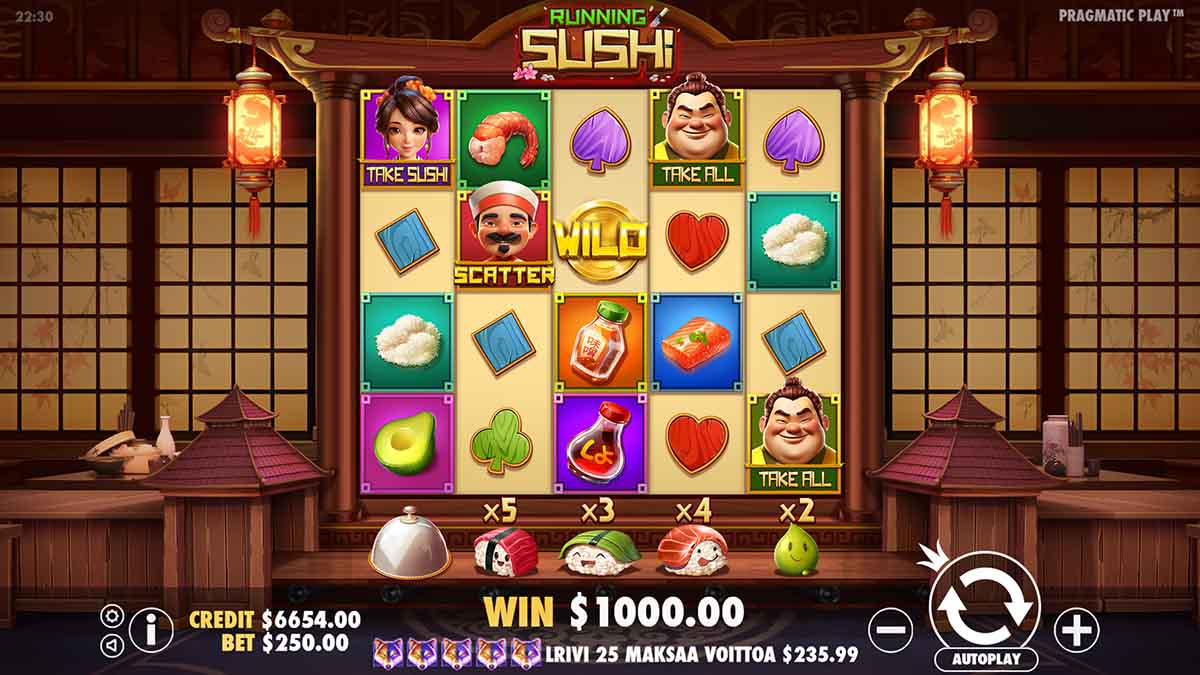 Running Sushi slot game by Pragmatic Play, base game view