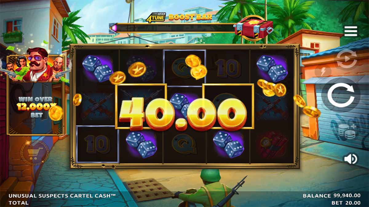 Unusual Suspects Cartel Cash slot game by Northern Lights Gaming, showing Win of 40.00