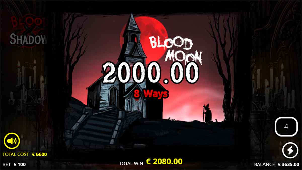 Blood & Shadow slot game by Nolimit City, showing Total Win of 2,000