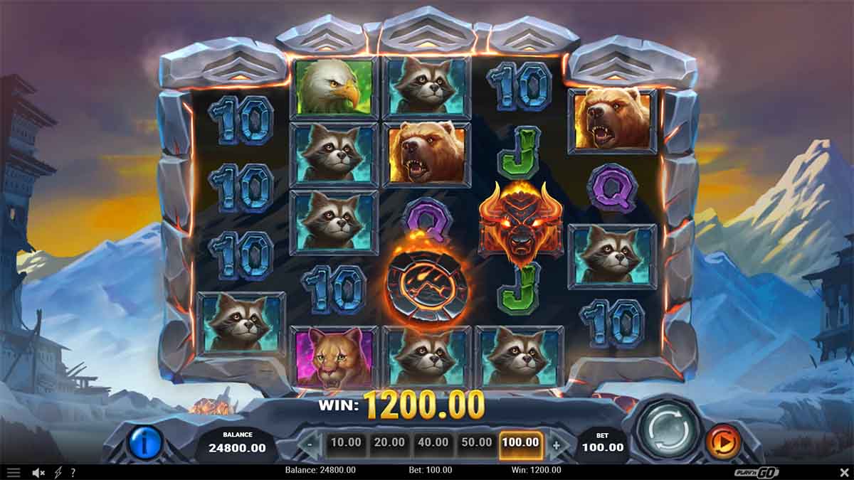 Beasts of Fire Maximum slot game by Playn GO showing Total Win of 1200.00