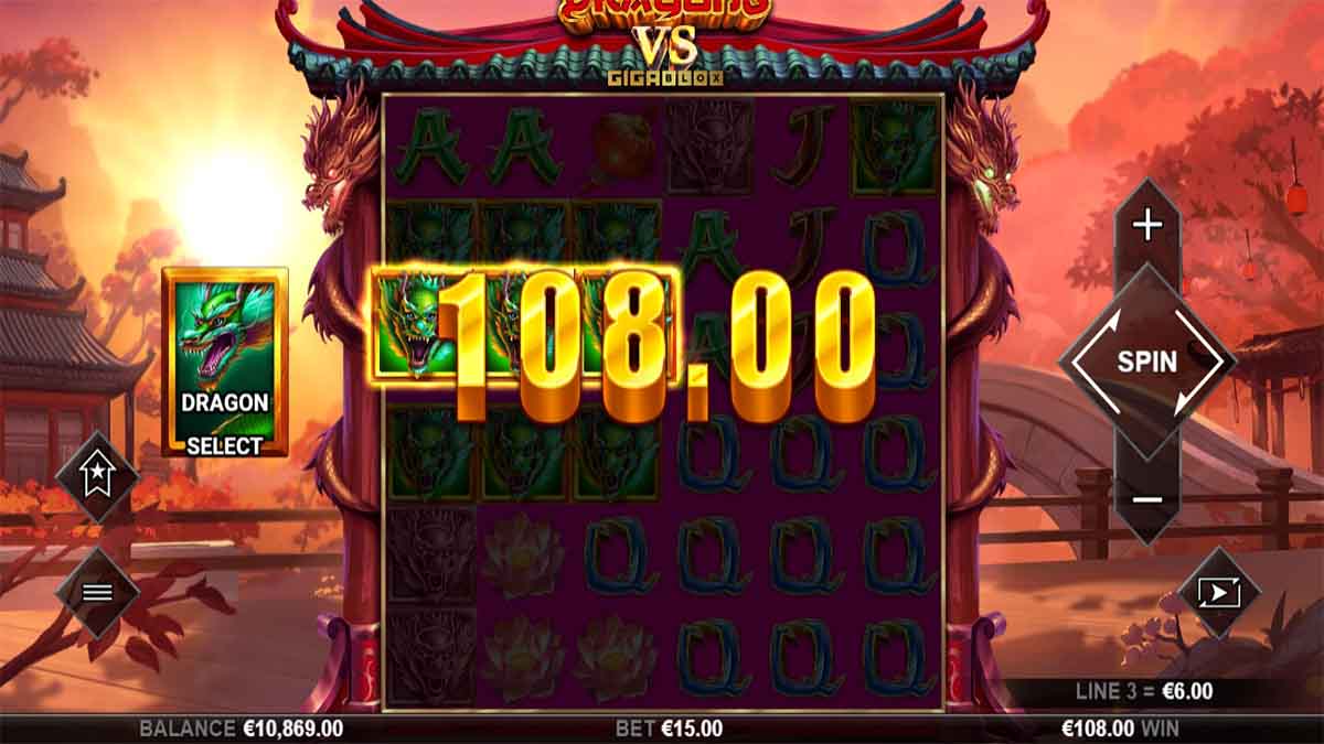 Dragons vs GigaBlox slot game by Hot Rise Games, showing Win of 108.00