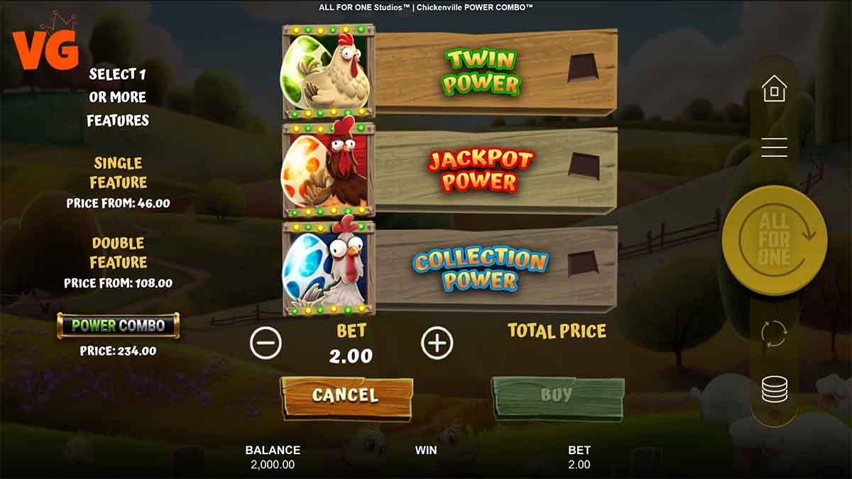 Chickenville Power Combo slot game by All For One Studios, feature buy