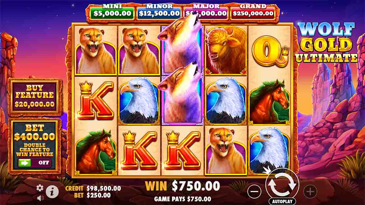 Wolf Gold Ultimate slot game by Pragmatic Play, showing Win of 750.00