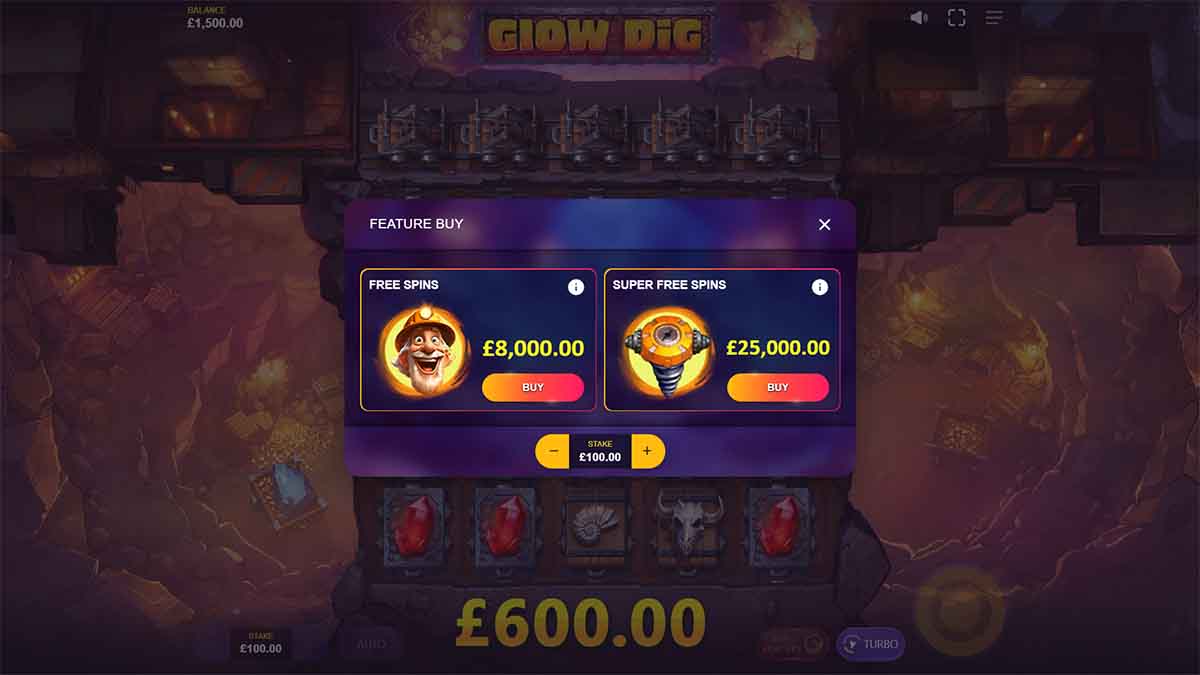 Glow Dig slot game by Max Win Gaming, Feature buy