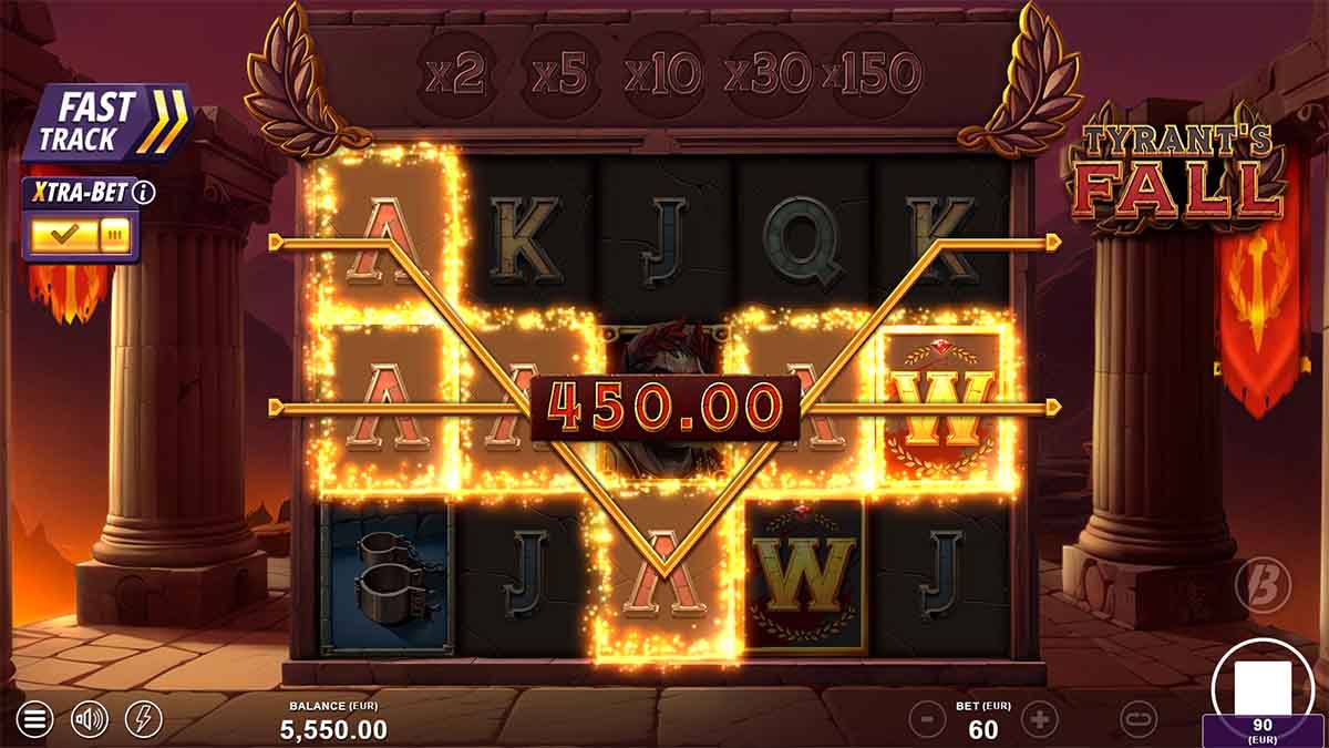 Tyrant's Fall slot game by Slotmill, showing Win of 450.00