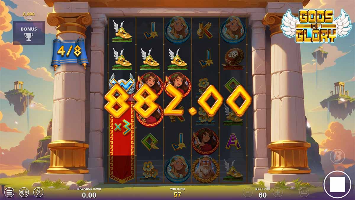 Gods of Glory slot game by Slotmill, showing Win of 882.00