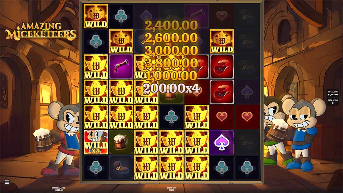 Amazing Miceketeers slot game by Bullshark Games, showing Wild Wins