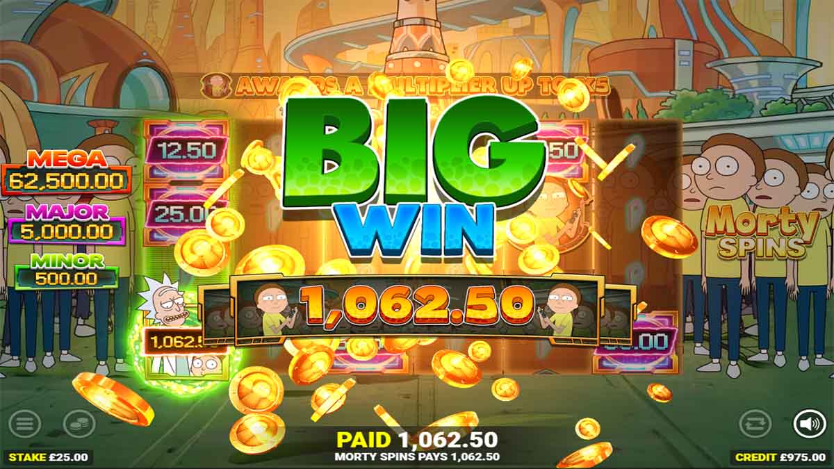 Rick and Morty Strike Back slot game by Blueprint Gaming, showing Big Win of 1,062