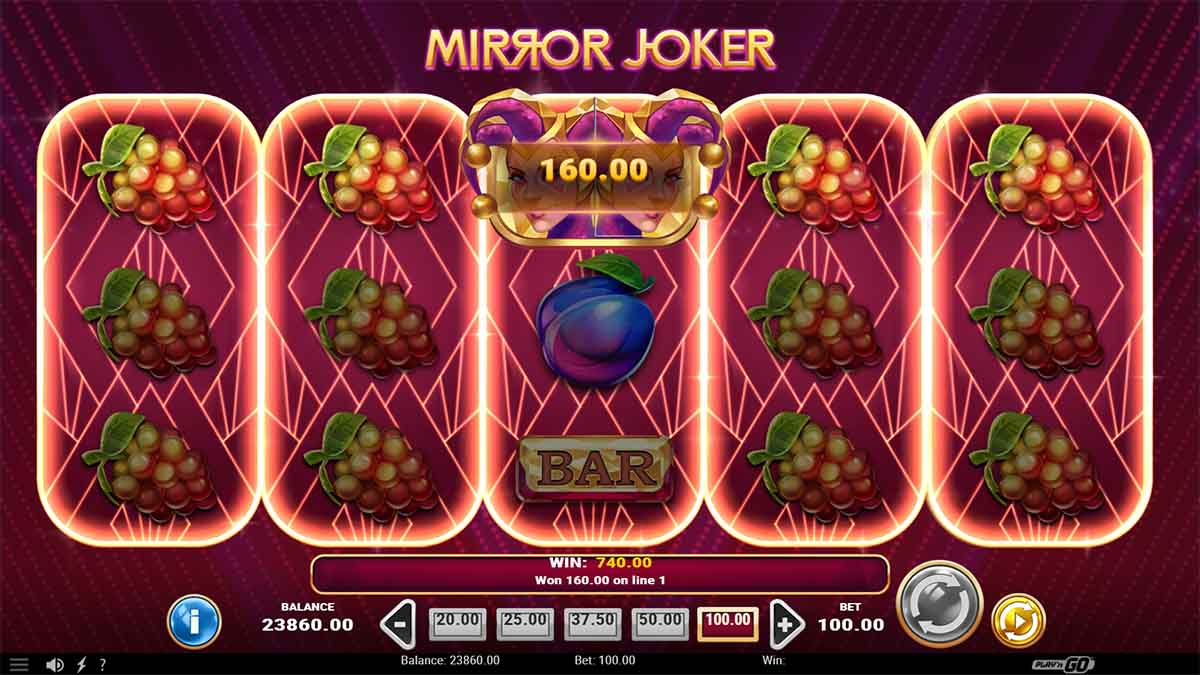 Mirror Joker slot game by Play'n GO, showing Win of 740 from Mirror Respins