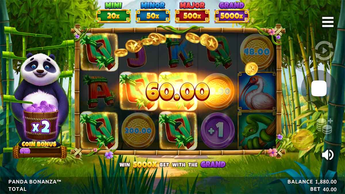 Panda Bonanza slot game by Northern Lights Gaming, showing Win of 60.00