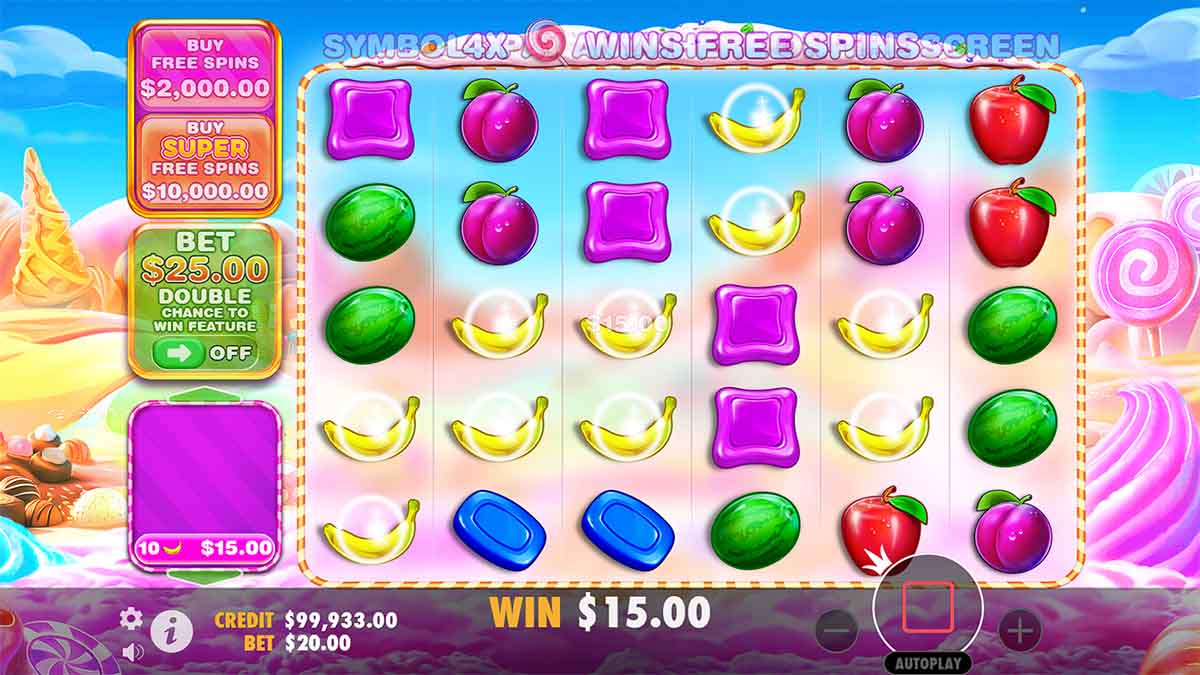 Sweet Bonanza 1000 slot game by Pragmatic Play, showing Win of 15.00