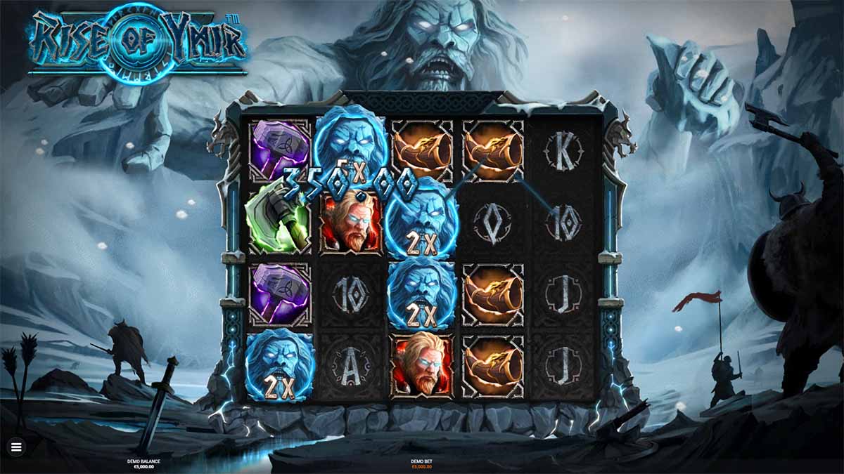 Rise of Ymir slot game by Hacksaw Gaming, showing Win od 350,00