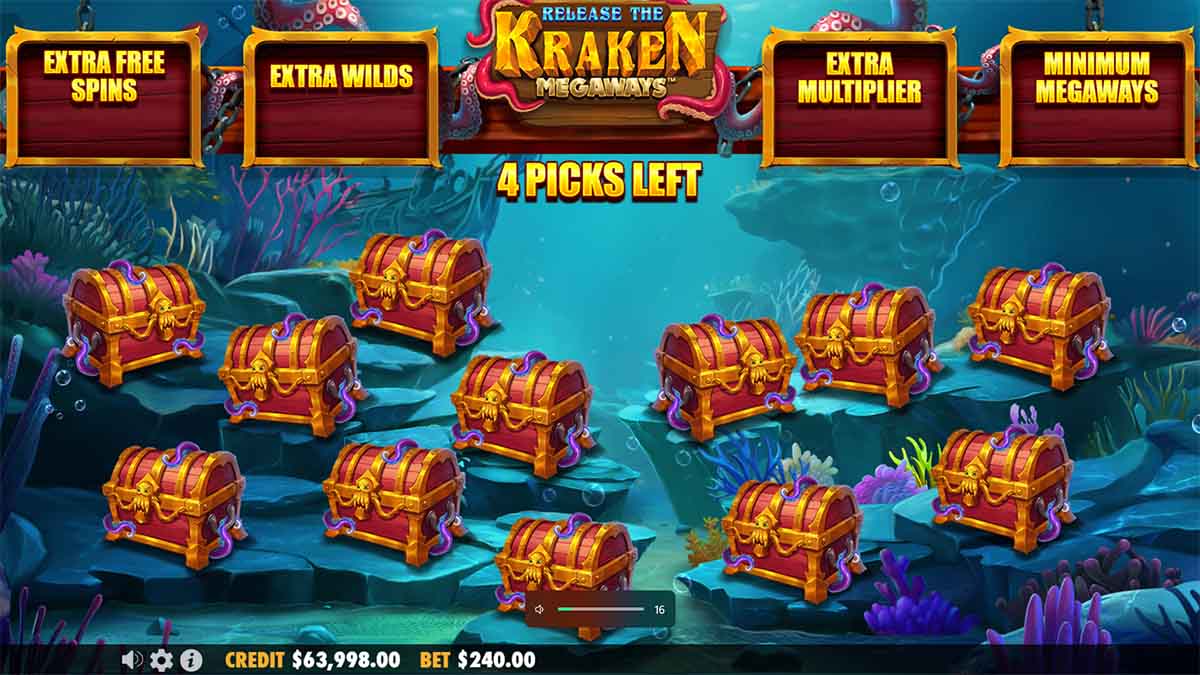 Release the Kraken Megaways slot game by Pragmatic Play, showing 4 Picks