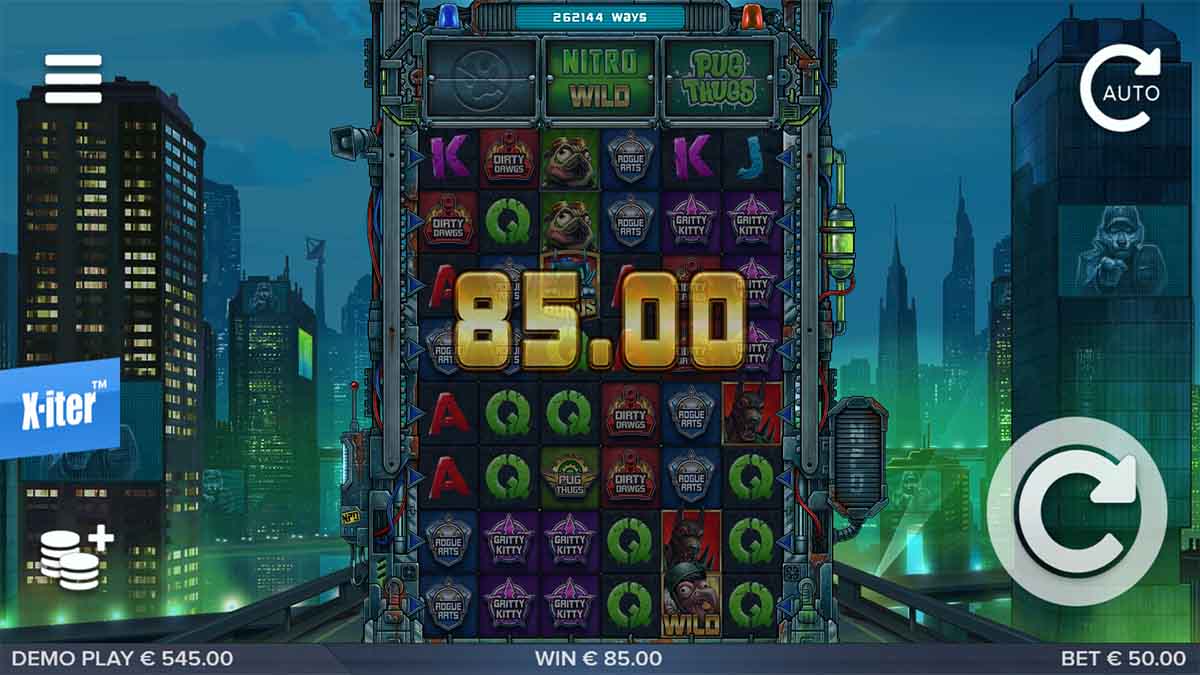 Nitropolis 5 slot game by ELK Studios, showing Win of 85.00