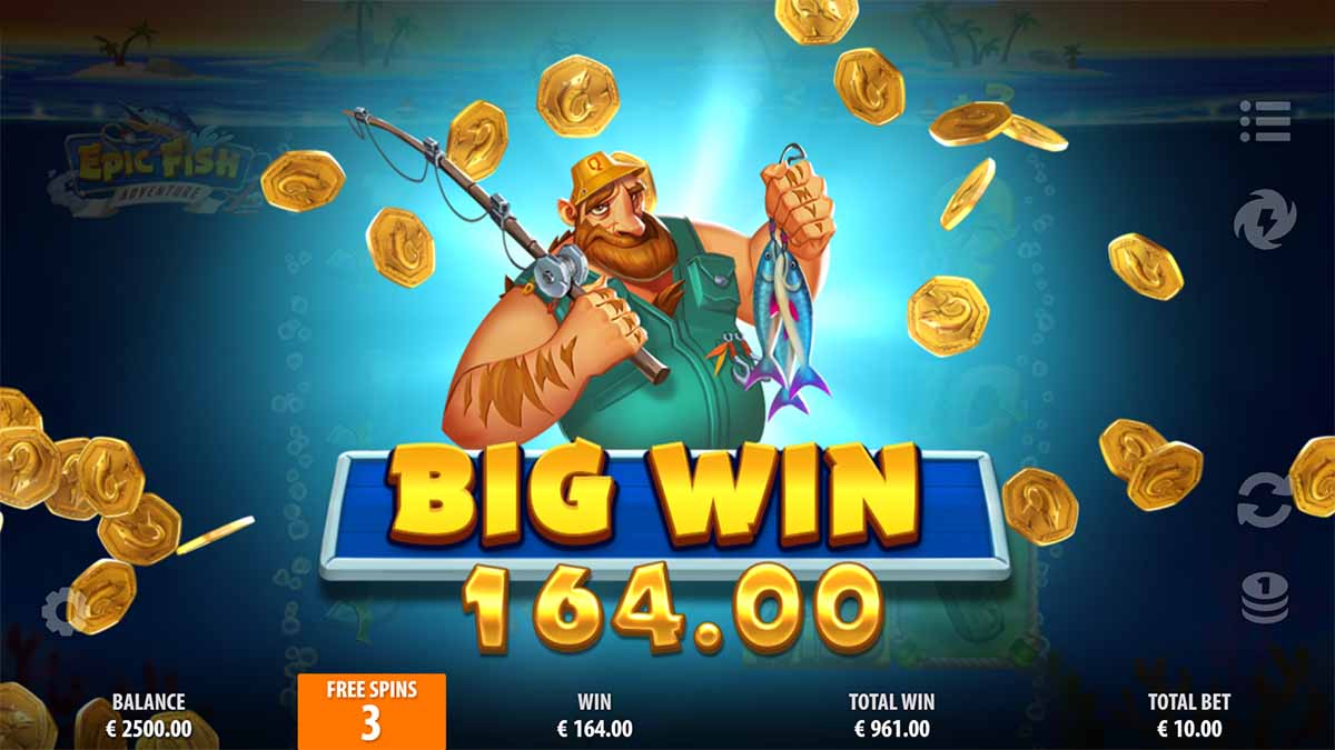 Epic Fish Adventure slot game by Quickspin, showing big win of 164