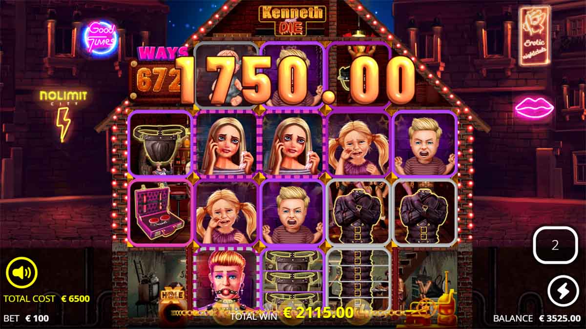 Kenneth Must Die slot game by Nolimit City, showing Win of 1,750 from Free Spins