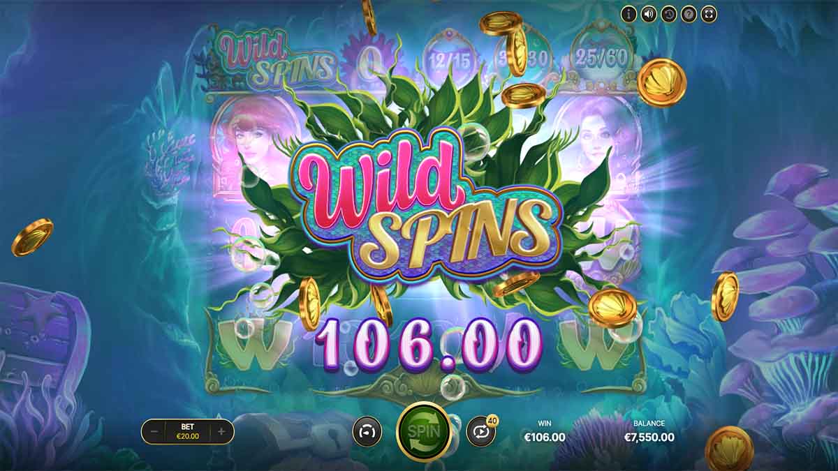 Mermaids slot game by NetEnt showing Win of €106.00